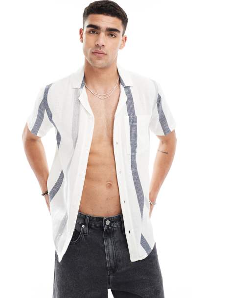 Hollister - Gestreept overhemd met korte mouwen en reverskraag in wit - view 1