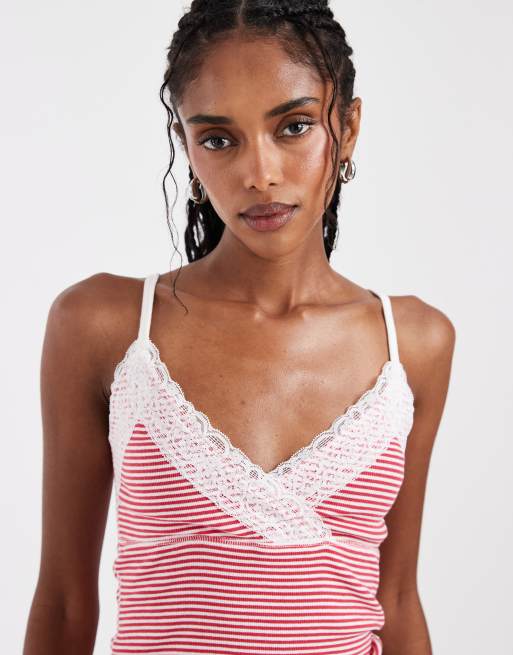 Hollister - Gestreepte cami met kanten rand in wit en rood, 2 van 4