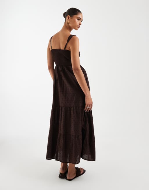 Hollister - Gestreepte maxi jurk met V-hals, bandjes en split in bruin, 4 van 4