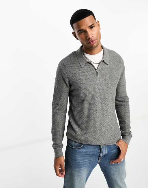 Hollister – Gestrickter Polo-Pullover in Grau mit kurzem Reißverschluss