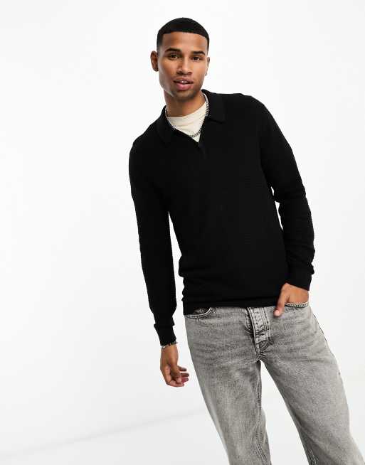 Hollister – Gestrickter Polo-Pullover in Schwarz mit kurzem Reißverschluss