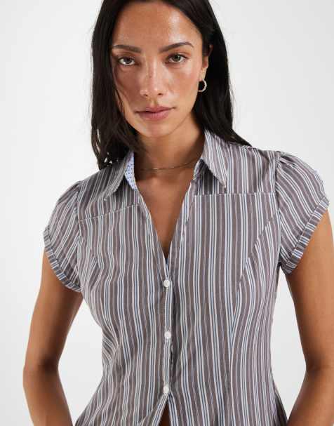 Hollister getailleerd overhemd met getailleerde taille en korte mouwen in bruine streep - view 1
