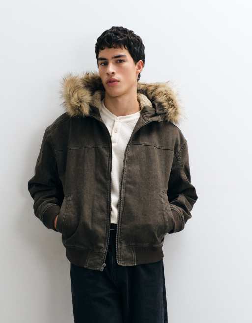Hollister giacca bomber con cappuccio pesante in marrone slavato, 2 di 5