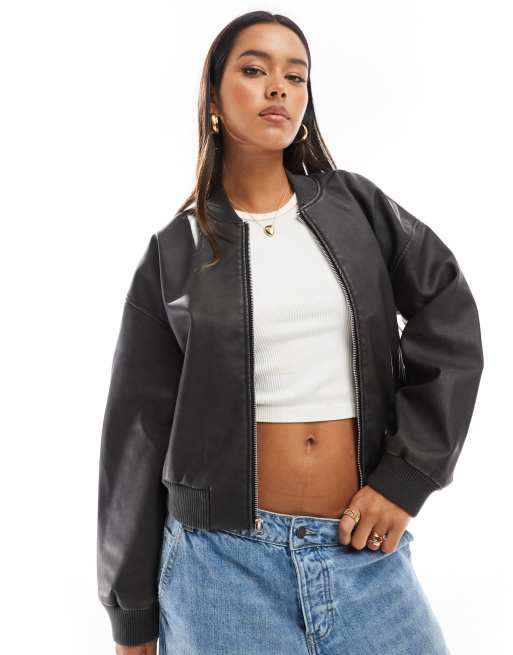 Hollister - Giacca bomber in pelle sintetica nero slavato