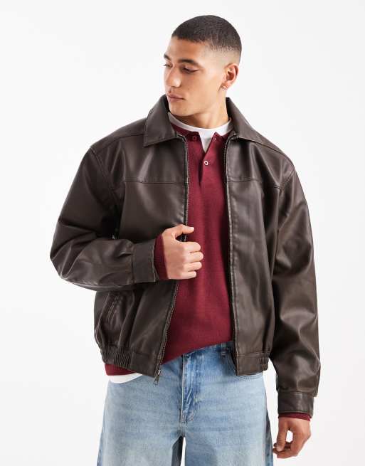 Hollister - Giacca harrington in pelle marrone