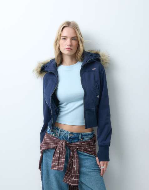 Hollister giacca puffer corta in twill con cappuccio in pelliccia sintetica navy - view 1