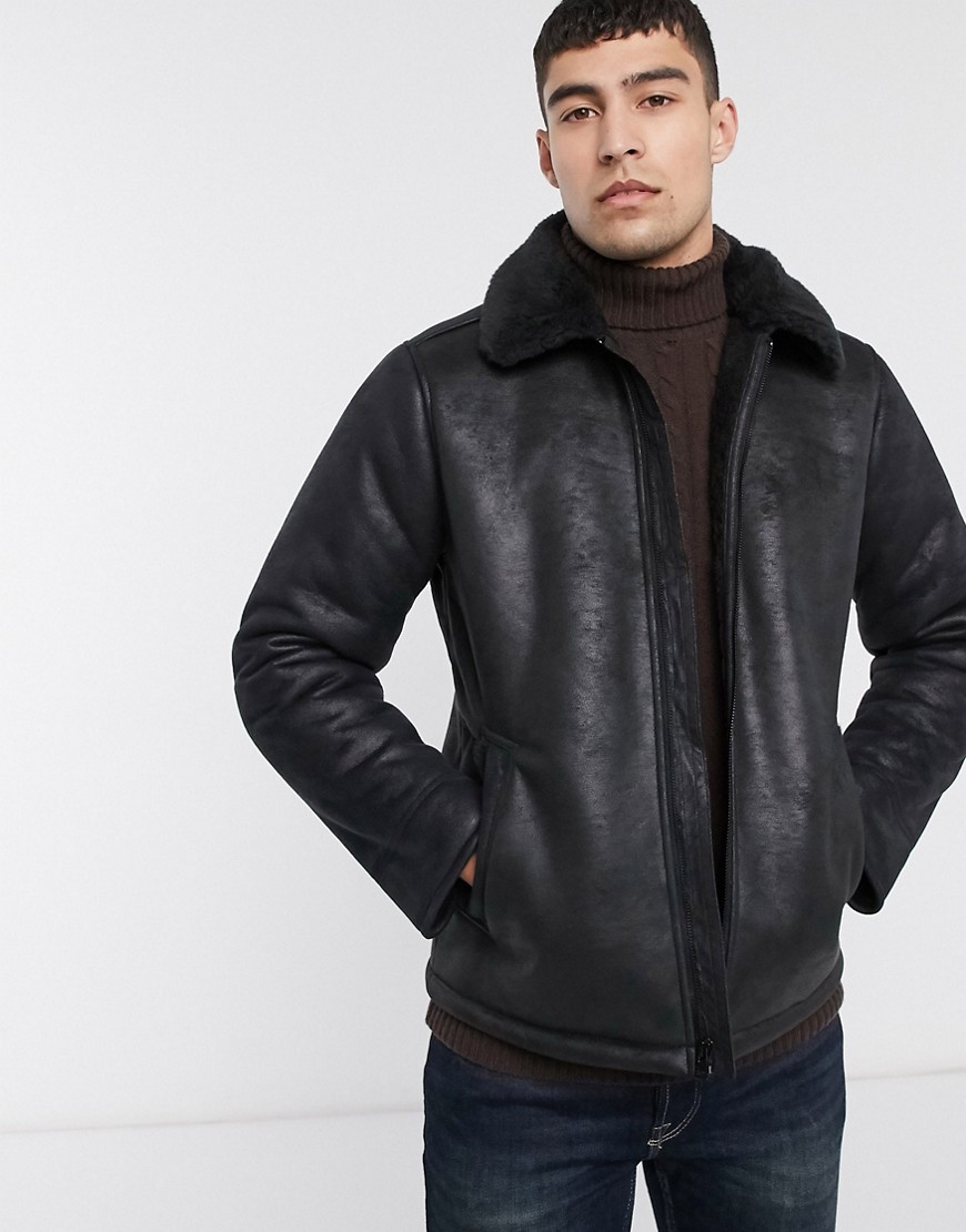 Hollister - giacca stile aviatore in montone ed ecopelle nera-nero