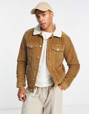 Hollister - Giacca trucker in camoscio sintetico marrone con fodera in pile borg