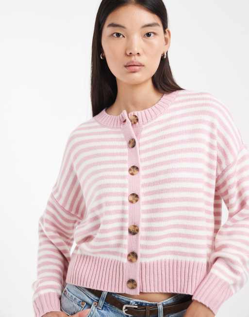 Hollister gilet en maille à col rond à rayures roses et blanches, 3 de 4