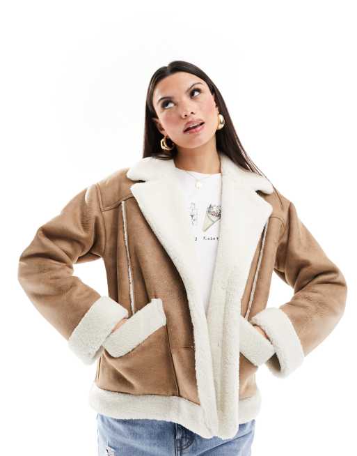 Hollister Giubbotto stile aviatore in camoscio sintetico marrone con fodera in pile ASOS