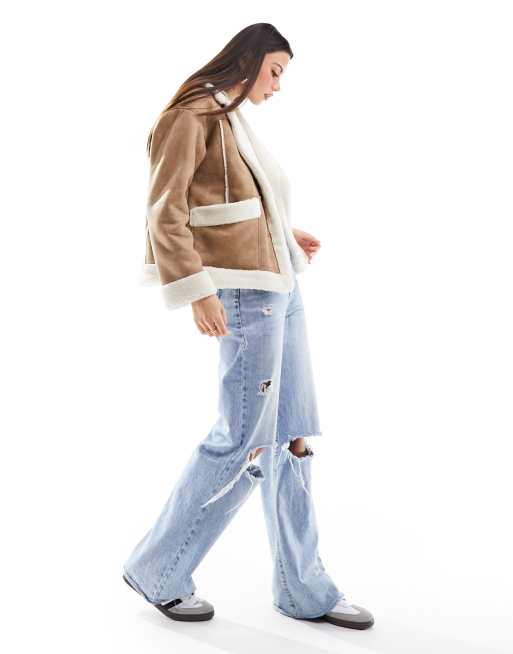Hollister Giubbotto stile aviatore in camoscio sintetico marrone con fodera in pile ASOS