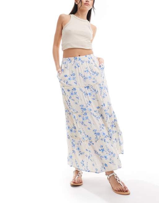 Hollister - Gonna lunga crema e blu a fiori a balze con tasche