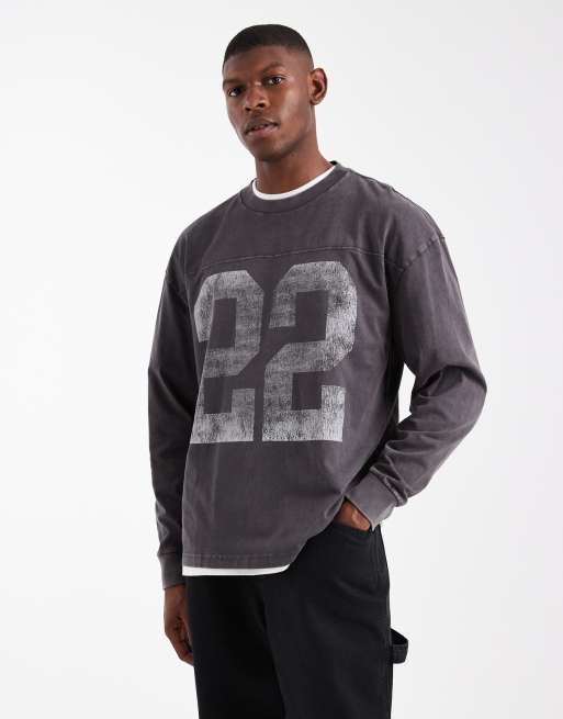 Hollister – Grå, långärmad t-shirt i collegestil med boxig passform