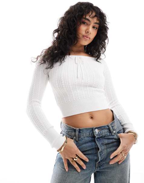Hollister – Gräddvit, kabelstickad topp i off shoulder-design med knytning framtill - view 1