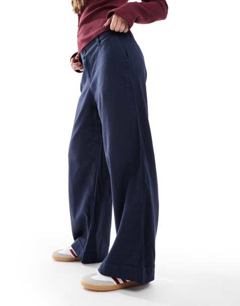 Hollister low rise linen wide leg trouser in navy
