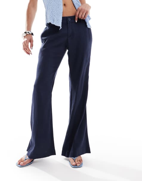 Hollister low rise linen tailored baggy flare trousers in navy