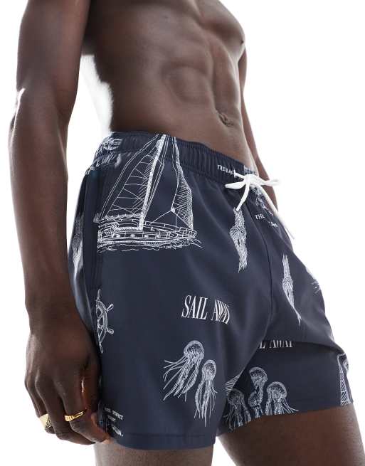 Hollister – Granatowe szorty kąpielowe o długości 5 cali ze wzorem z morskimi motywami
