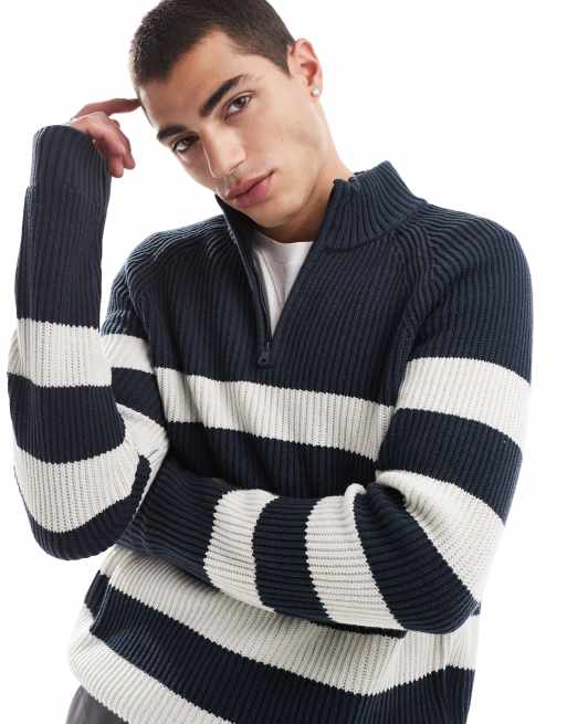 Hollister – Granatowy dzianinowy sweter w paski z zamkiem pod szyją