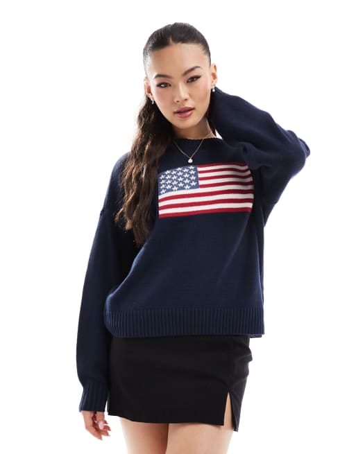 Hollister – Granatowy sweter dzianinowy z flagą USA