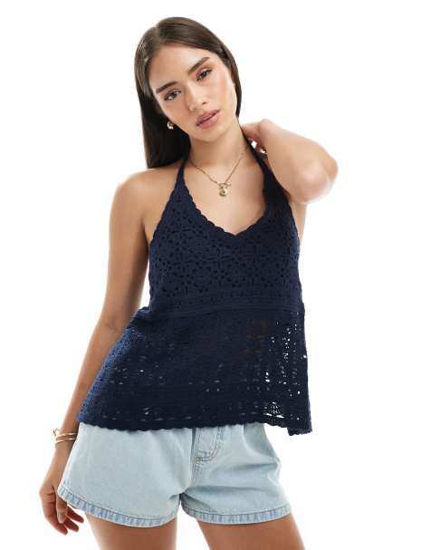 Hollister crochet halterneck top in navy blue