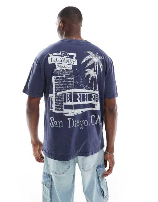 Hollister – Granatowy T-shirt z grafiką na plecach