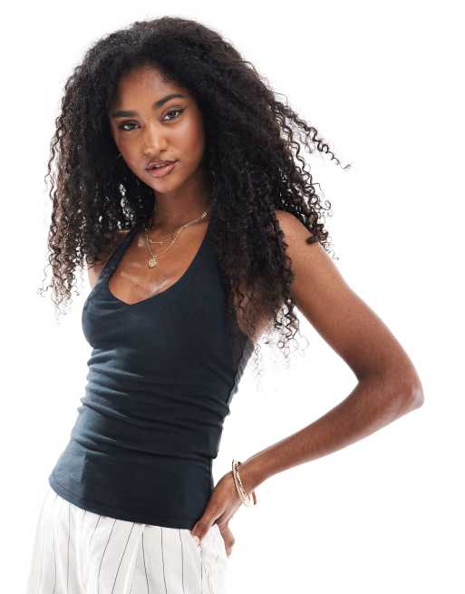 Hollister – Granatowy top tuba z dekoltem typu halter i wiązaniem z przodu
