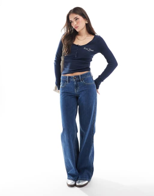 Hollister – Granatowy top z guzikami i haftem, 4 z 4