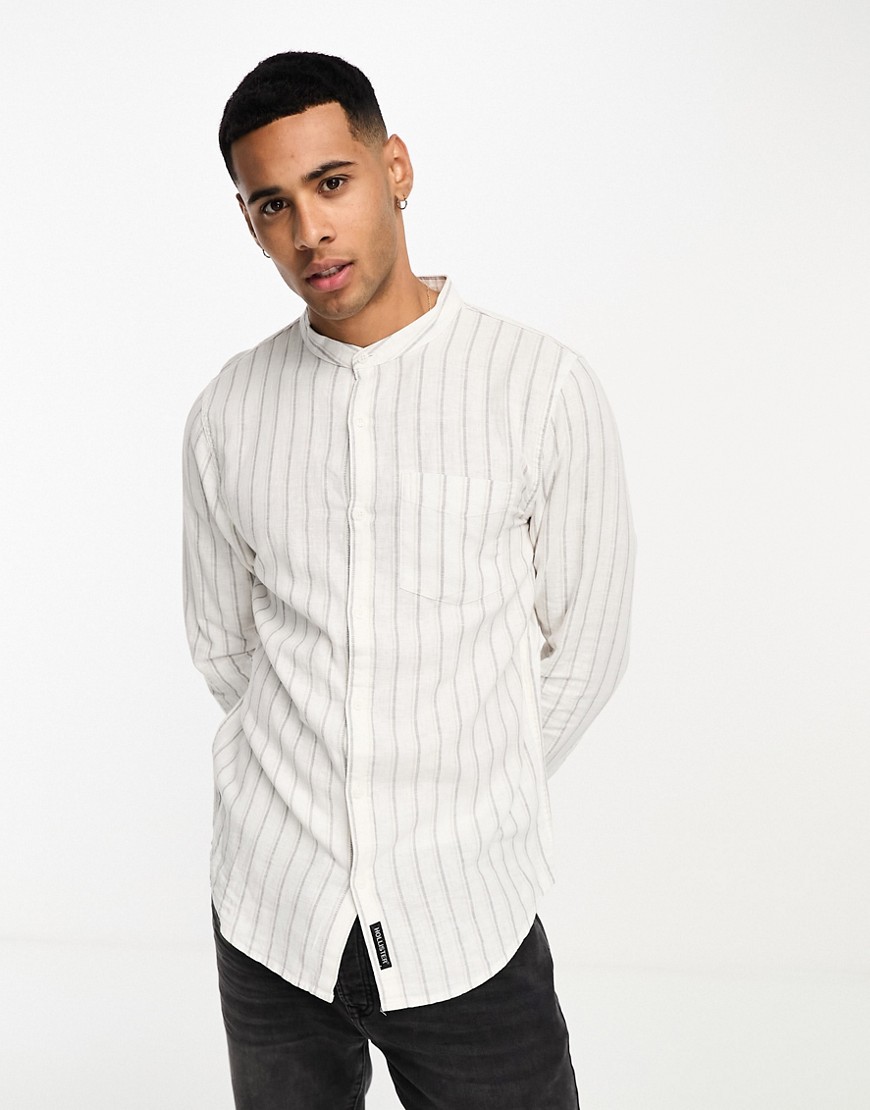 Hollister grandad collar summer linen stripe shirt in white