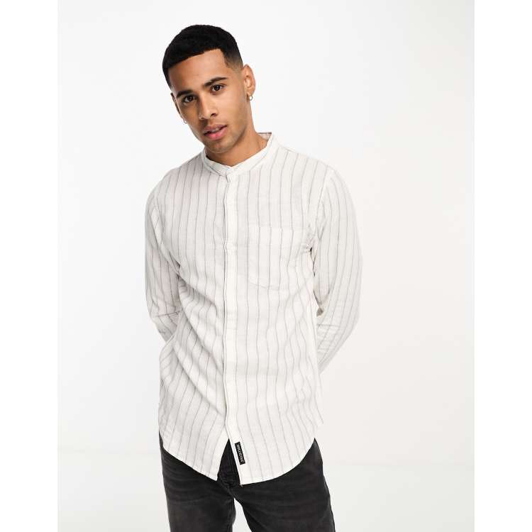 Hollister grandad collar summer linen stripe shirt in white ASOS