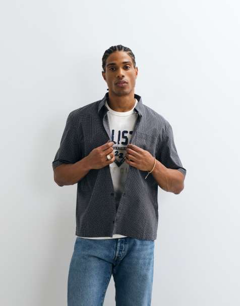 Hollister graphic short sleeve shirt in black micro plaid - view 1