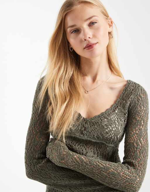 Hollister – Grön, långärmad babydoll-topp i bohostil, 4 av 4