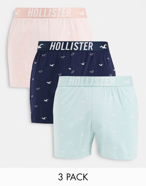 Hollister – Grön/marinblå/rosa boxershorts med logga på midjebandet och loggmönster, 3-pack
