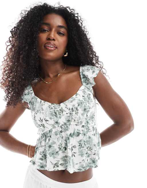 Hollister – Grön, smockad topp med utsvängd ärm