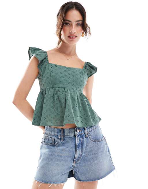 Hollister – Grön topp i babydoll-modell med fyrkantig halsringning