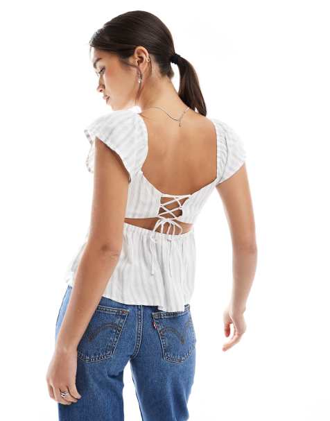 Hollister – Grönrandig babydoll-topp med volangärm - view 1