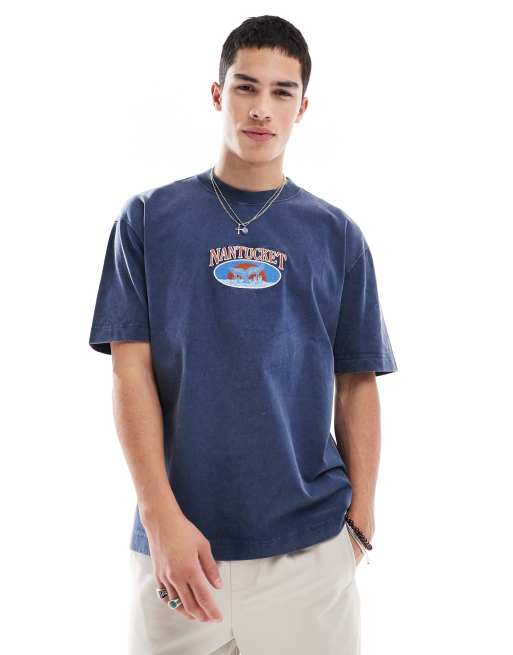 Hollister – Gruby T-shirt o pudełkowym kroju w spranym granatowym kolorze z nadrukiem