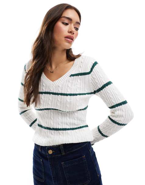 Hollister – Grün gestreifter Strickpullover mit V-Ausschnitt und Markenlogo - view 1