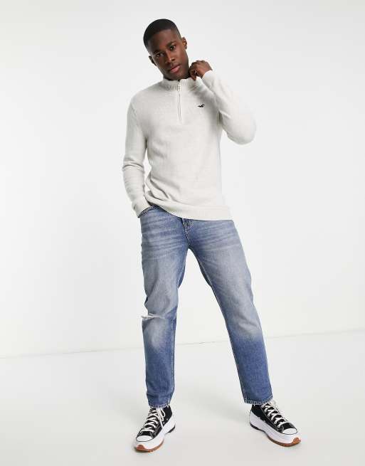 Hollister half zip jumper in light grey with logo ASOS