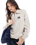 [Hollister] Hollister half zip knitted logo jumper in beige-Neutral L GREY