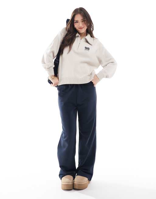 Hollister half zip knitted logo jumper in beige ASOS