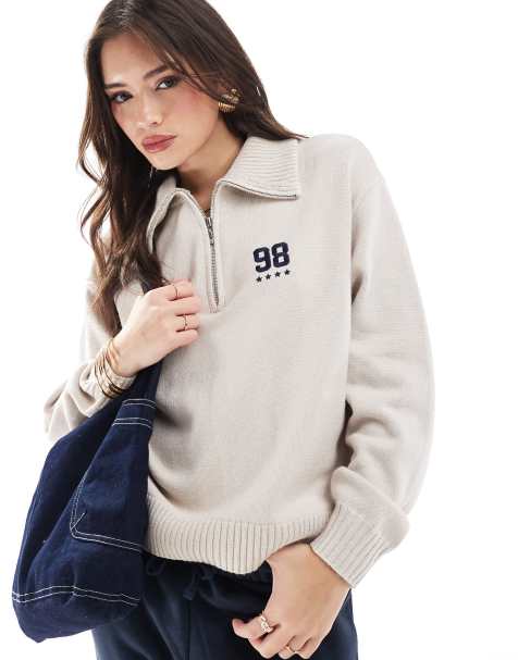 Hollister half zip knitted logo sweater in beige - view 1