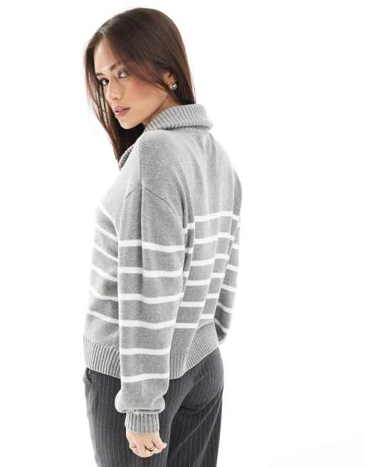 Hollister half zip knitted stripe jumper in grey, 3 of 4