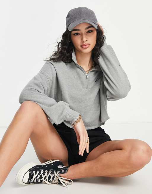 Hollister half zip raw hem jumper  in grey 