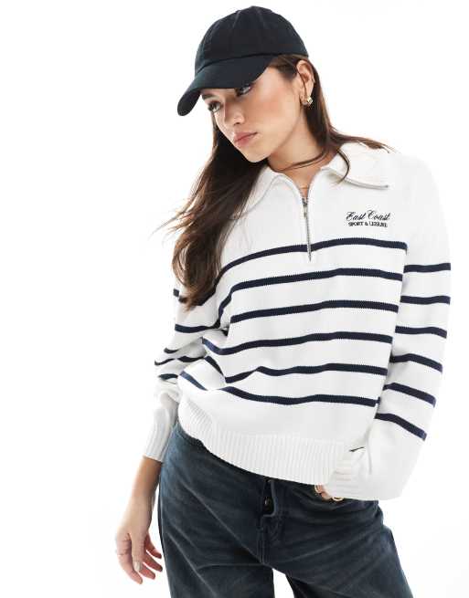 Hollister half zip through stripe motif jumper in cream , 2 of 4