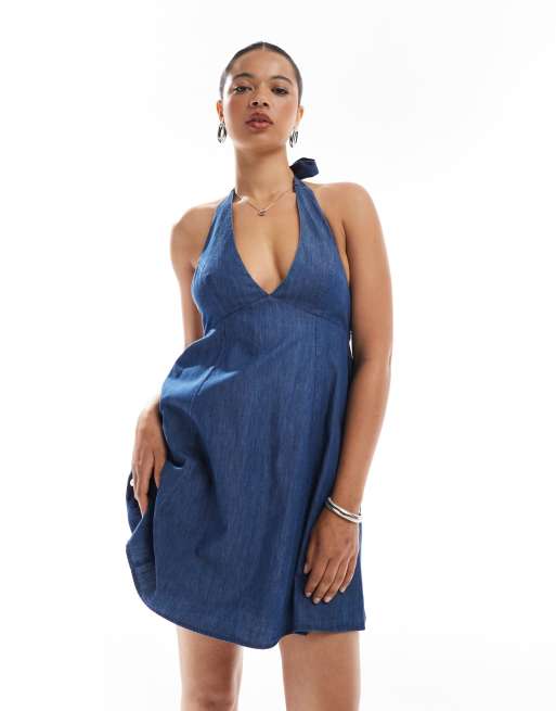 Hollister halterneck a-line dress in blue denim