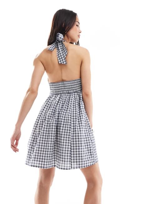 Hollister halterneck aline dress in blue check print ASOS