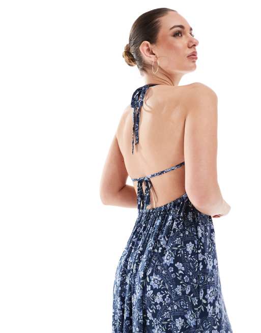 Hollister halterneck maxi dress with tiered hem detail in navy paisley print