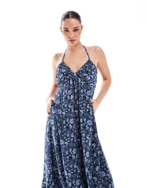 Hollister halterneck maxi dress with tiered hem detail in navy paisley print
