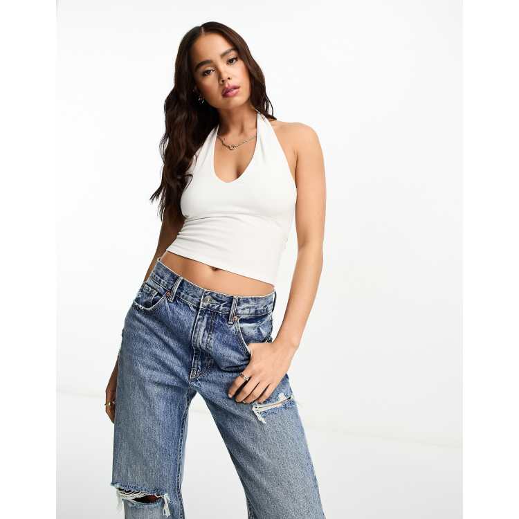 Hollister halterneck top with square neck in white