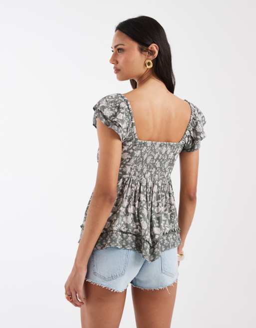 Hollister handkerchief boho babydoll top in green floral, 2 of 4